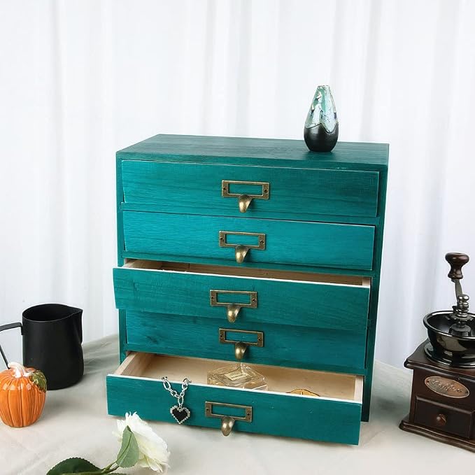 GoooodGIFT Wooden Drawers Small Wooden Box with Drawer, Blue | 5 Drawer Wood Storage Box , Vintage Desktop Organizer with Drawers, Desk Organizers for Library Card Catalog Cabinet