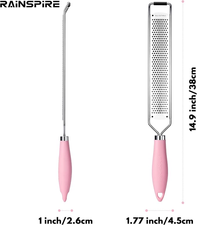 Rainspire Zester Grater with Handle, Lemon Zester Cheese Grater for Kitchen Stainless Steel, Parmesan Cheese Garlic Nutmeg Chocolate Fruits Vegetables Ginger Grater, Fine (Pink)
