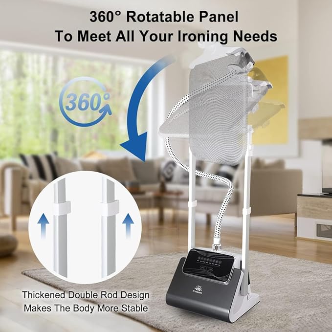 1500W Standing Clothes Steamer with Adjustable Ironing Board, 90 Min Steam Time, 8 Steam Levels, 2.5L Tank - Professional Garment Steamer, dark grey