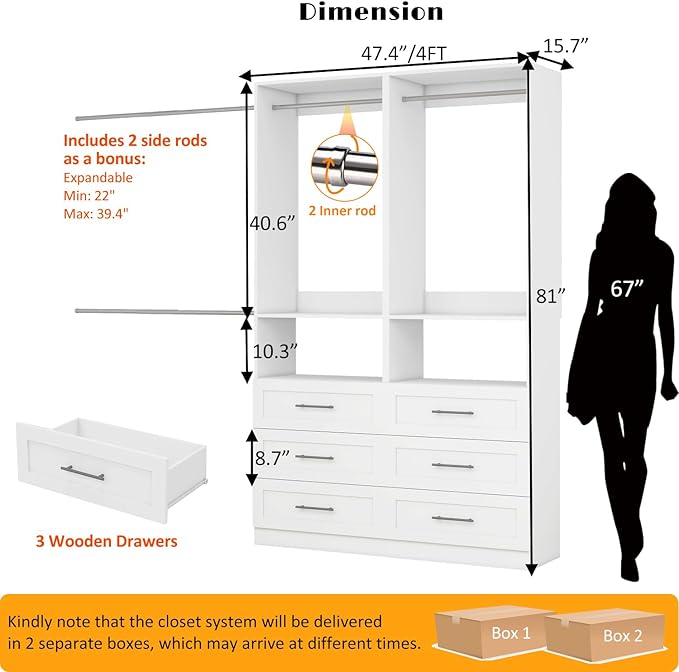 Dilando Closet System with 6 Drawers 4FT-10FT Closet Organizer System Walk-in Closet Freestanding Modular Custom Corner Closets Storage with 4 Hanging Rods & 2 Shelf White (4FT)