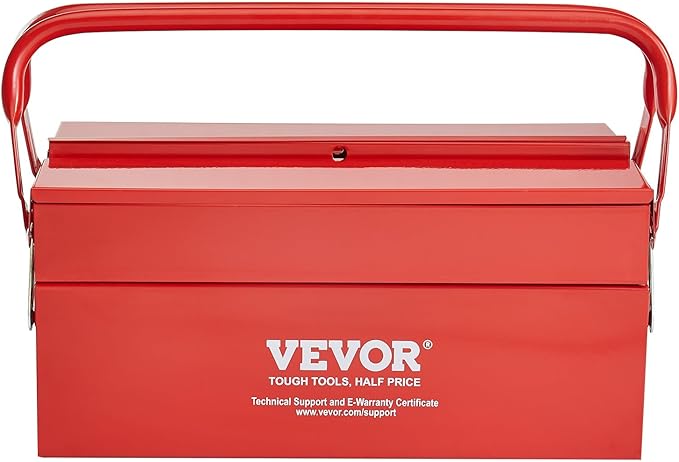 VEVOR Metal Tool Box, 14-inch, 2-Tier 3-Tray Portable Folding Tool Chest Organizer with Handle & Lock Hole, Powder Coated Steel, Cantilever Toolbox for Household Factory Warehouse Repair Shop, Red
