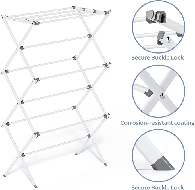 Clothes Drying Rack Foldable, Laundry Drying Rack 3 Tier, Foldable Metal Clothing Dryer for Cloth Towel Shirt, Collapsible Clothe Horse Compact Storage, Clothes Airer Indoor Outdoor, White