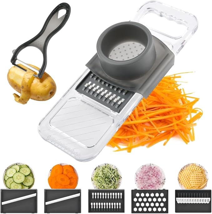 Mandoline Slicer for Kitchen, 6-in-1 Vegetable Chopper with Safe Hand Guard Easy-Clean Design & Compact Storage for Salad Prep, Chips, Fruits & Daily Cooking(COLOR:grey)