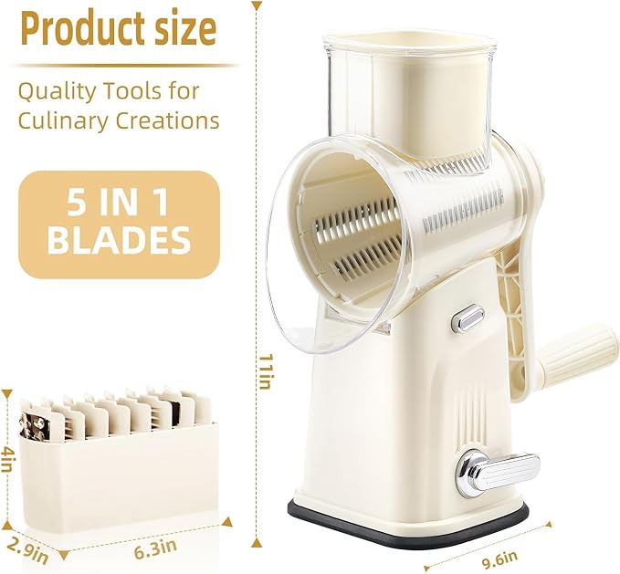 Rotary Cheese Grater with Handle, Vegetable Shredder with 5 Replaceable Blades & Strong Suction Base, Round Food Slicer & Chopper for Kitchen Fruit Vegetables Nuts with Blade Storage Box (Beige)