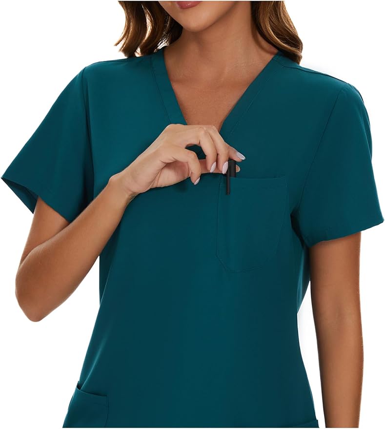 Scrubs Tops for Woman - Soft Stretch, V-Neck Tops | 3 Pockets, Side Split Design, Short Sleeve, Breathable & Lightweight Nursing Shirt, Easy-Care Fabric for All-Day Comfort