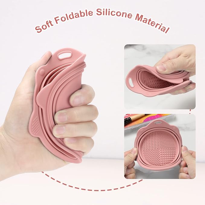 Foldable Silicone Makeup Brush Cleaner Bowl | Portable Cleaning Tool For Brushes, Powder Puffs, Sponges (Pink)