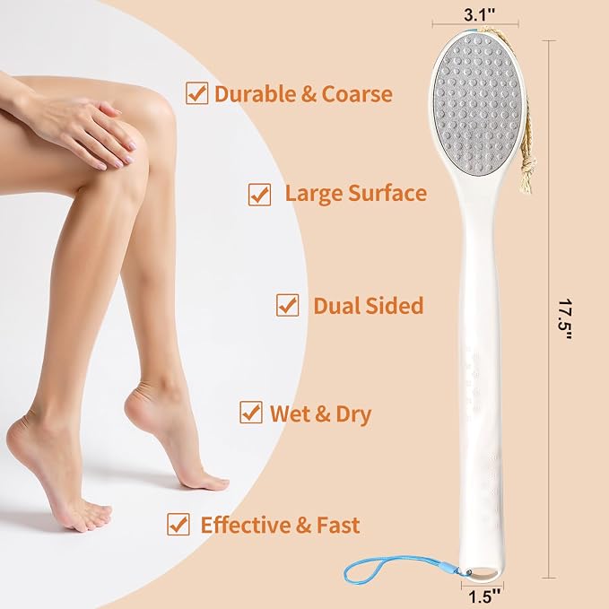 BUBBLEDANCE® Long Handle Foot Scrubber & Brush – 2-in-1 for Shower | Stainless steel removes calluses & rough heels; nylon bristles exfoliate feet; extendable 17.5"-31.9"; non-slip, rust-proof