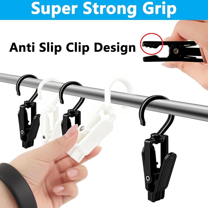 20 PCS Laundry Hooks with Clips Super Strong Plastic Home Travel Swivel Hanging Hanger Closet Organizer Clamps Socks Boot Bras Towels for Bathroom Wardrobe Kitchen - 4.3 Inches (Black+White)