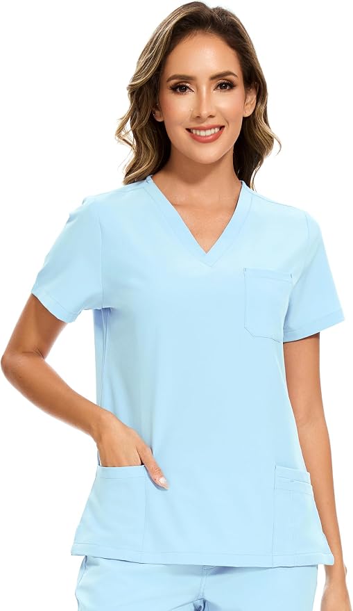 Scrubs Tops for Woman - Soft Stretch, V-Neck Tops | 3 Pockets, Side Split Design, Short Sleeve, Breathable & Lightweight Nursing Shirt, Easy-Care Fabric for All-Day Comfort