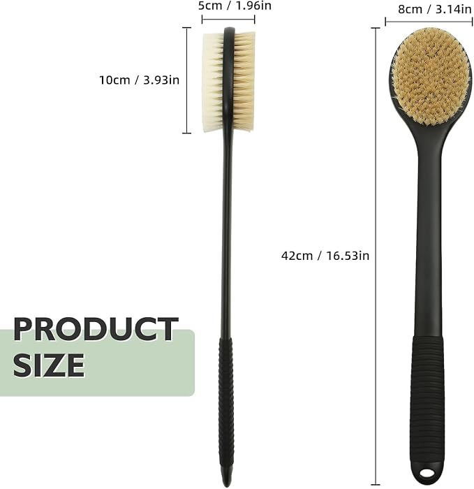 Back Scrubber for Shower, Anti-Slip Long Handle Shower Brush with Soft & Stiff Bristles, Body Exfoliator for Shower, Bath, or Dry Use (Black)