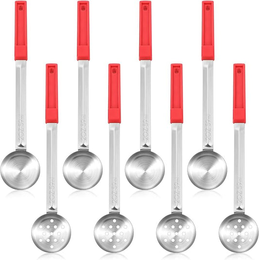 Teenyyou 8 Pcs Portion Control Serving Spoons Portion Scoops Cups Solid and Slotted Stainless Steel Ladle Spoon for Food, Serving Utensils Set for Parties(Red,2 oz)