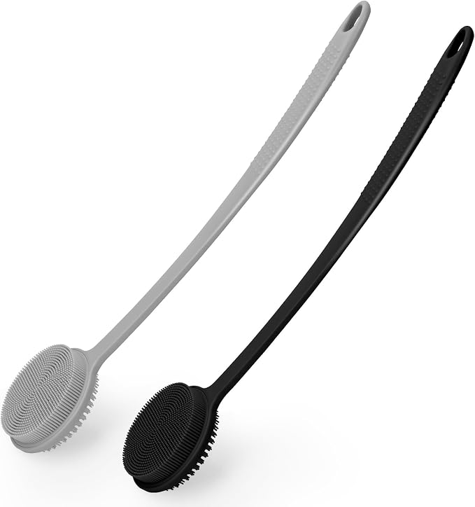 Silicone Back Scrubber for Shower, 17in Lengthen Long Handle Body Brush, Double Sided Shower Brush for Shower Exfoliating and Massage Can Produce Rich Foam, Long Handle Back Scrubber for Men