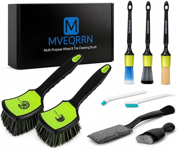 MVEQRRN 9PCS Car Detailing Brush Set, Boar Hair Detailing Brushes,Car Detailing Wheel Kit (Green) | Ultra Soft No Scratch, Car Dust Brush,Car Detailing Brushes Kit, Detail Brushes Car Detailing for Interior Exterior