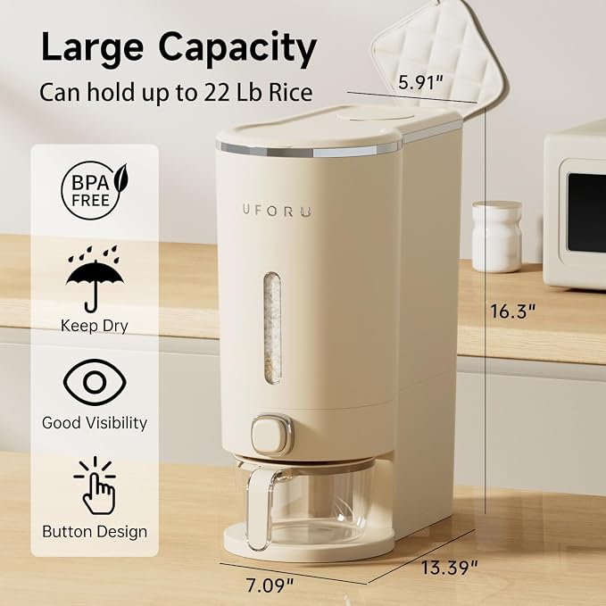 UFORU Rice Dispenser, 23-25 Lbs Rice Storage Container with Measuring Cup for Kitchen Pantry Household, Cereal Dry Food Storage Containers Airtight, Sealed Moisture Proof, Cream White