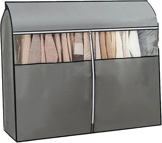 Clothing Rack Cover, Hanger Covers, Non-Woven with 3 Way Zipper, Large Transparent Window, Top Seal for Single Pole Clothes Drying Rack(Gray,60x50x120cm/24x20x47in)
