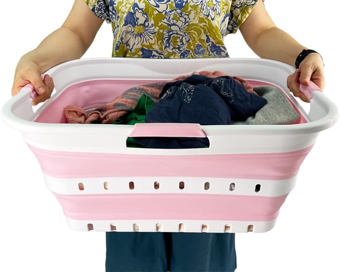 SAMMART 42 (11 Gallons) Collapsible Plastic Laundry Basket, Foldable Pop Up Storage Container/Organizer, Space Saving Hamper, Portable Bin for Dorm Room Bathroom (2, White/Cherry Pink)