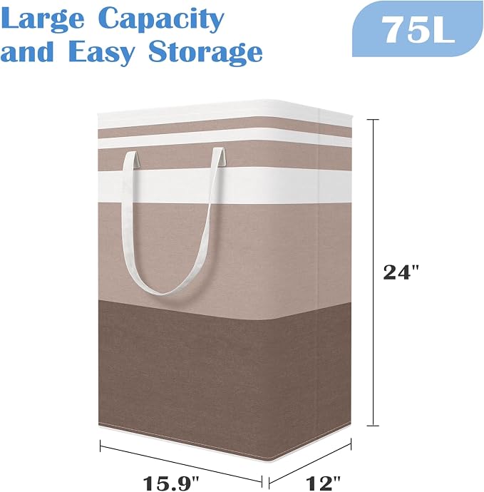 BlissTotes 3-Pack Laundry Basket, Collapsible Laundry Hamper, Khaki, 75L | Laundry Clothes Hamper, Hampers for Bedroom, Freestanding Hamper with Handles, Clothes Laundry Basket