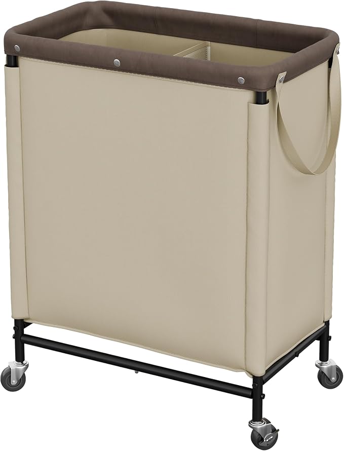 StorageWorks 2 Section Laundry Hamper, 100L Tan Sorter Cart with Wheels