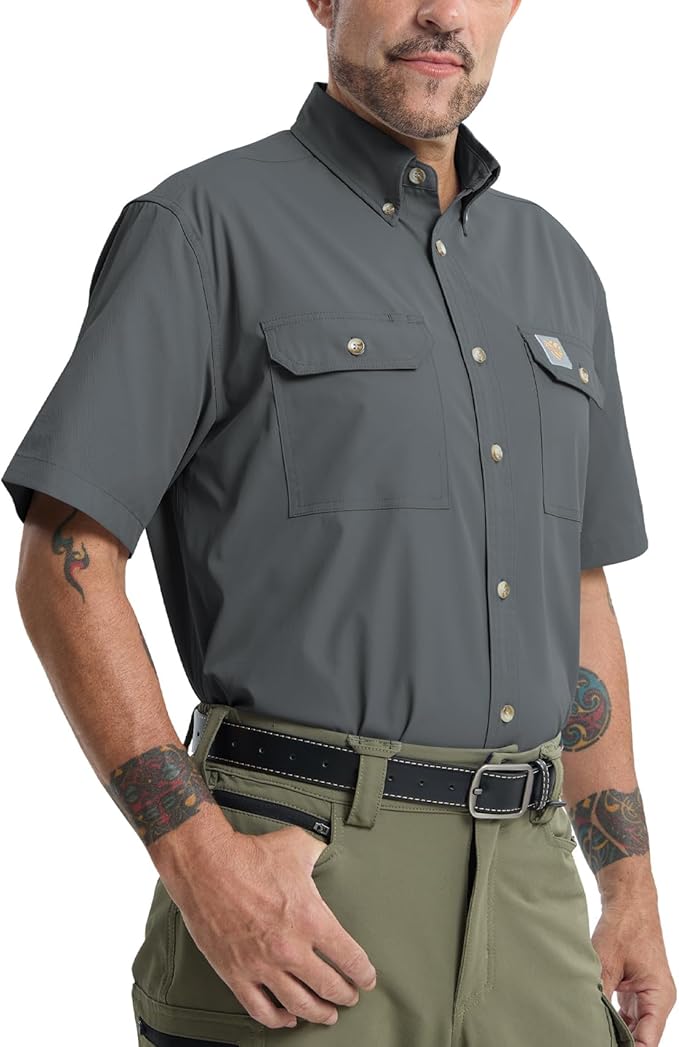Mens Regular Fit Work Utility Shirt Midweight Short Sleeve Work Wear | Midweight stretch work shirt with reflective trim, 2 secure chest pockets, moisture-wicking comfort, easy-care fabric