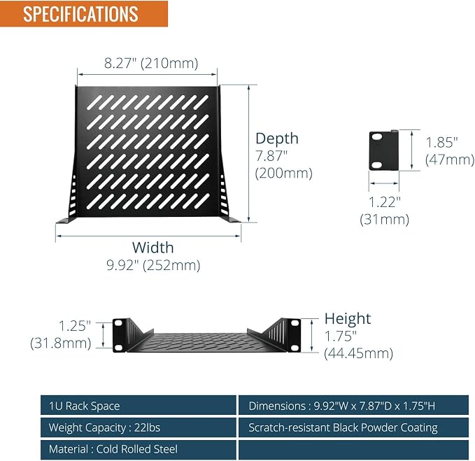 Tecmojo 1U Rack Mount Shelf for 10" Server Rack, 7.87" Deep Vented Cantilever Tray, Metal Shelf for Network Cabinet, Server Enclosure, Enhanced Airflow, Black