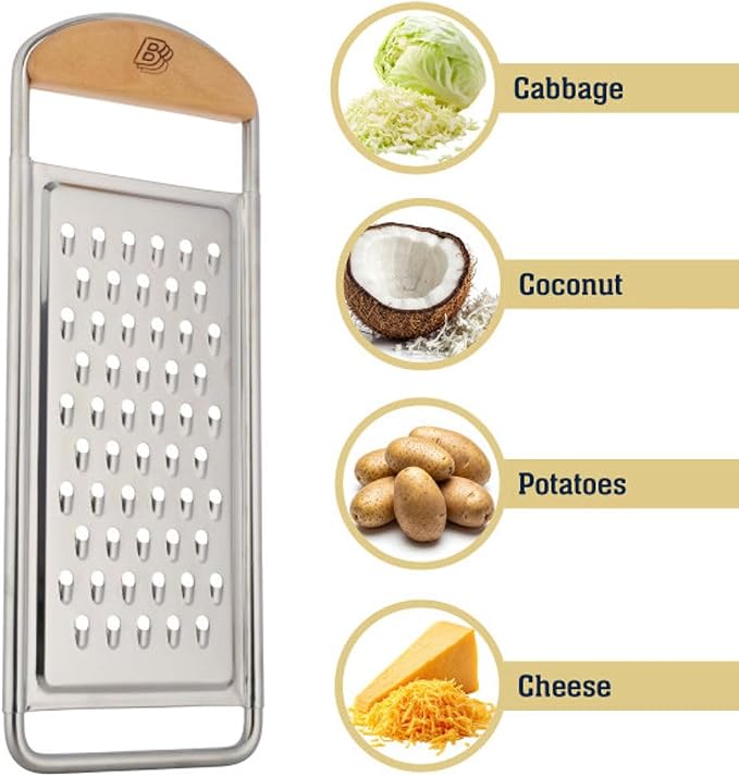 Cheese Grater Handheld - Stainless Steel Flat Food Grater with Cherrywood Handle - Coarse Shredder Kitchen for Medium-Hard Cheese and Vegetables - Italian Made Kitchen Gadgets by Kings County Tools