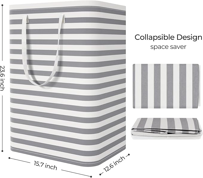 StorageRight Laundry Basket Hamper, 75L Clothes Storage, Striped Grey | Freestanding Clothes Hampers, Foldable design, with Easy Carry Handles, For Laundry, Bedroom, Dorm, Clothing, Towels, Toys