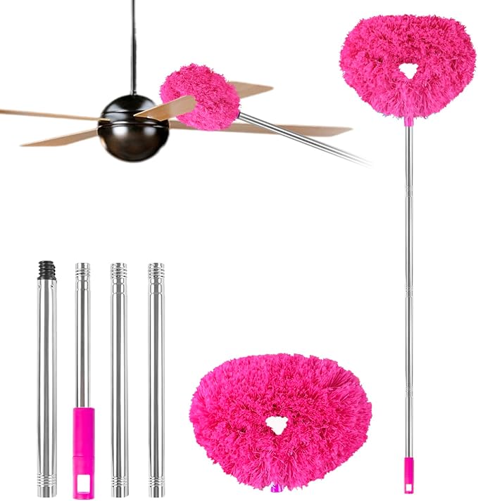 Ceiling Fan Cleaner Duster Reusable Microfiber Ceiling Fan Blade Cleaner Removable Duster with Extension Pole Adjusts 13 to 49.7 Inch for Cleaning Walls Bookshelves Furniture Door Window Top (Rosy)