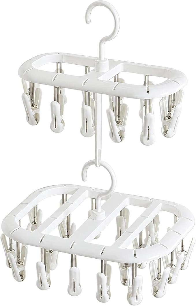 2PCS Clothes Hangers with 32 Clips Hooks, Plastic Sock Hanger, Stackable Laundry Drying Rack for Underwear, Clothes Airer with Swivel Hook, Portable Small Item Organizer for Bathroom Balcony Daily Use
