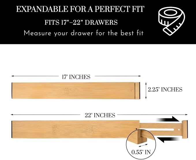Adjustable Bamboo Drawer Dividers Expandable 8 Pack 17-22 Organizer