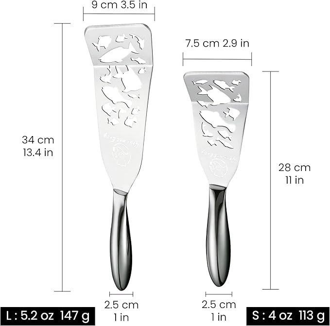 Stainless Steel Fish Spatula Set – Funky Fish Edition, 1 Large Fish Turner + 1 Small Metal Spatula, Ultra-Thin Edge for Easy Turning & Flipping, Ergonomic Non-Slip Handle, Dishwasher Safe