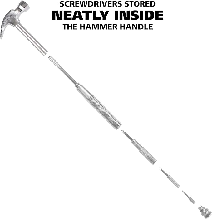 GreatNeck 5-in-1 Hammer, Built in Multitool Screwdriver, Chrome Plated | Includes Four Screwdrivers and One Hammer, Rust Resistant, Great for Household Projects, Lightweight and Easy to Use