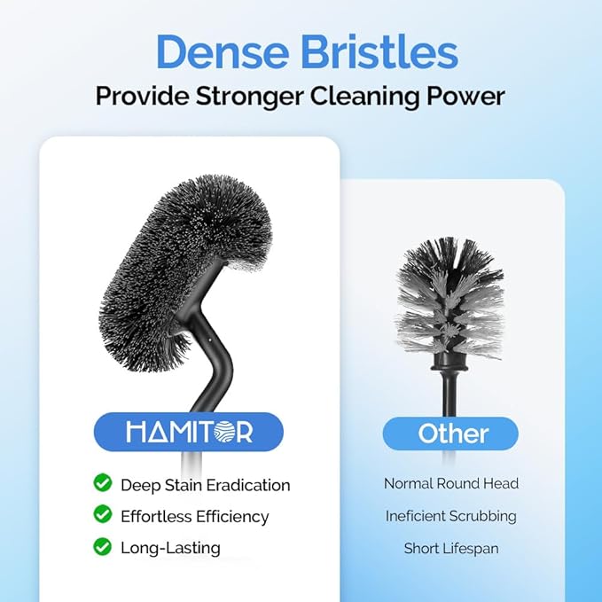 HAMITOR Toilet Brush and Holder Set: Stainless Steel Heavy Duty Bowl Cleaner Brush - Deep Cleaning Under Rim Curved Bristle - Space Saving Wall-Mounted for Home RV Bathroom Accessories Black 1 Pack