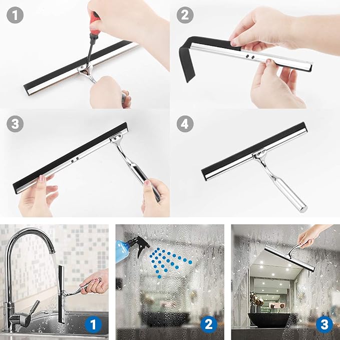 ecooe Silicone Shower Squeegee with Hanger, 9″/25cm Shower Squeegee for Glass Doors, Black Window Squeegee Scraper with Stainless Steel Core for Home Bathroom Kitchen Car Glass Doors