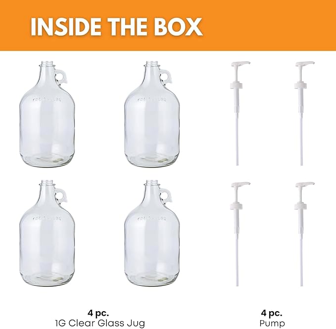 Glass Laundry Detergent Dispenser 4-Pack with Pumps | 1 Gallon Glass Jug | Food-grade Laundry Detergent Pump Dispenser with airtight screw-top lid | non-slip base and 1.4 oz pump for liquid