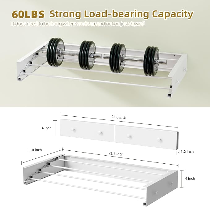 Wall Mounted Drying Rack 23.6'', Foldable Laundry Drying Rack Wall Mount with 4 Towel Hooks and 4 Rods, Space Saving Drying Rack Clothing for Indoor Outdoor Bathroom Balcony (White, 23.6'')