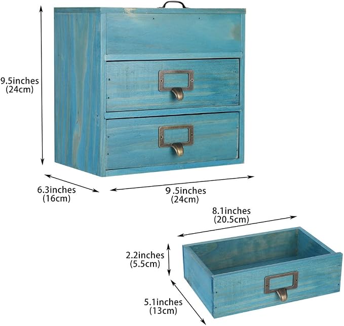 Small Wooden Drawers Wooden Box with Drawer Blue | 2 Drawer Storage Box for Apothecary Cabinet, Apothecary Drawers，Desktop Organizer with Metal Handles for Office，Home