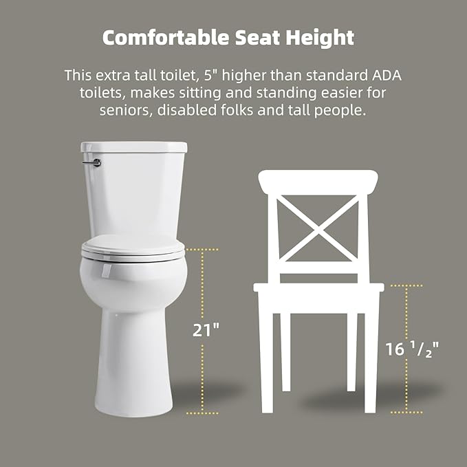 Tall Toilets For Seniors 21 Inch, Los Flexi Comfort & High Toilet, Elongated Bowl and Soft-Close Seat, 1.28 GPF Extra Tall Handicap Toilet with Efficient Siphonic Flush & 12" Rough-In