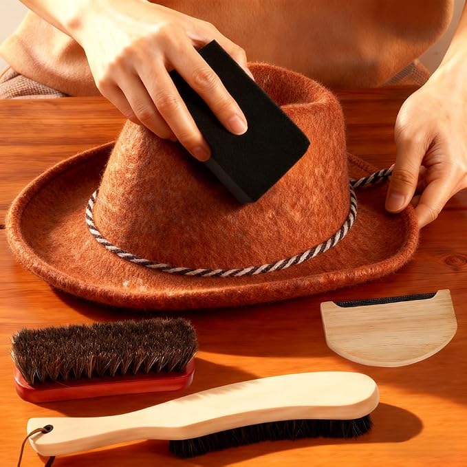 4-Piece Horsehair Felt Hat Brush Kit with Cleaning Sponge and Lint Remover, Cowboy Hat Brushes with Long Handle for Suits, Wool, Cashmere, Lint Removal & Felt Hats Cleaning