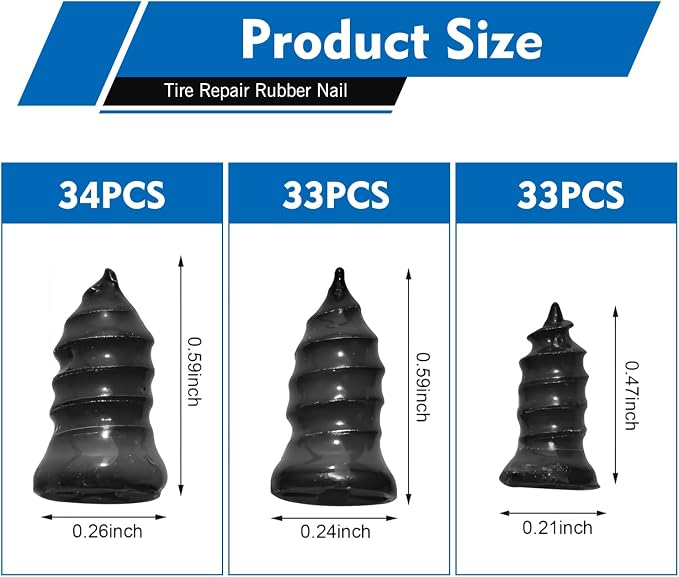 101 PCS Tire Repair Rubber Nail, 3 Size Vacuum Tire Repair Kits Spiral Rubber Screws, Fast Self-Service Tool for Car, Truck, Motorcycle, Tractor Tire Puncture Repair (Black)