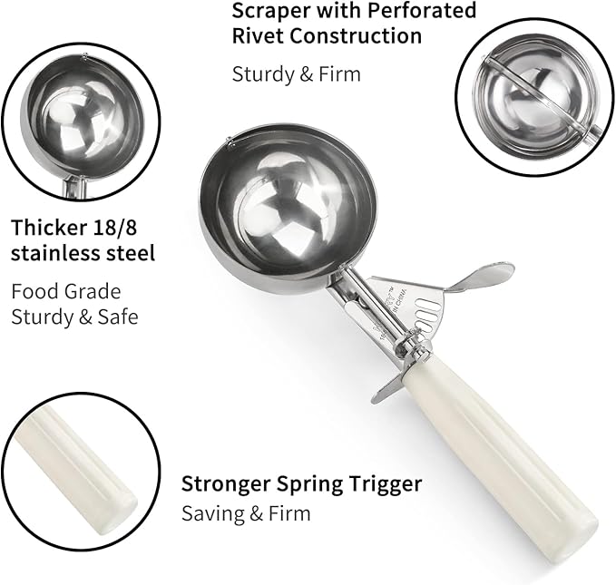 Portion Scoop - Disher, Cookie Scoop, Food Scoop - Portion Control - 18/8 Stainless Steel, White Handle (#6 / 5oz)