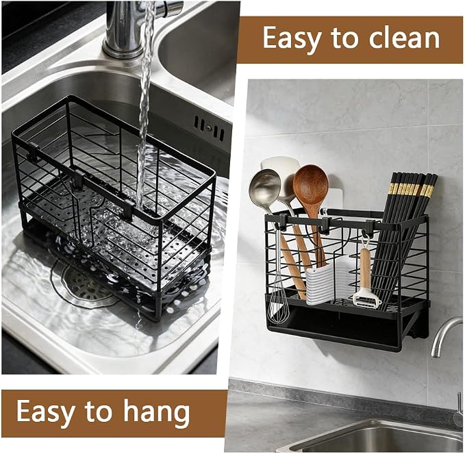 Stainless Steel Utensil Holder, Utensil Drying Rack with Drain Tray, 3 Compartments Kitchen Counter Drainer Basket Cutlery Organizer for Forks, Chopsticks, Spoons(Color:Black)