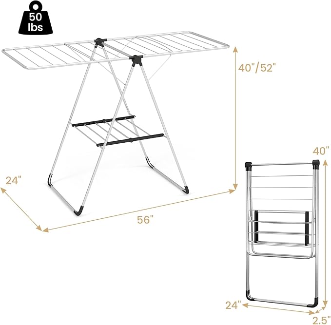 Tangkula 2-Level Collapsible Clothes Drying Rack w/Height-Adjustable Wings | Light-Weight Aluminum | Bottom Shoe Rack | No Assembly | Foldable & Space-Saving| for Laundry Room, Balcony, Patio | Silver