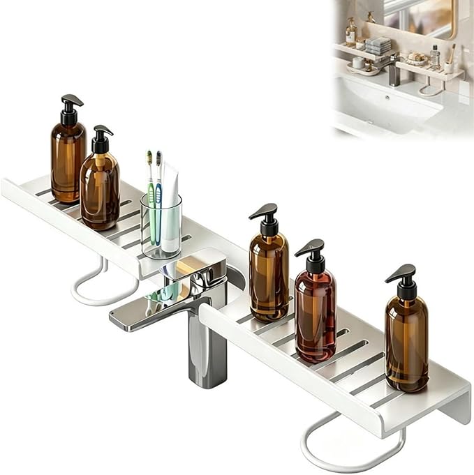 19.7 Inch Over Sink Faucet Storage Rack, No-Drill Countertop Storage Rack for Toiletries & Skincare, Over Sink Shelf, Compact Countertop Stand, for Kitchen, Bathroom, Shower, Easy Drainage (White)