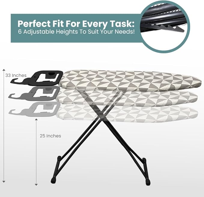 Compact Ironing Board Foldable | Hanging Iron Board with Safety Iron Stand & Rest for Small Space or Apartment, Thick Cover & Pad, Height Adjustable up to 33" Features 4 Steel Legs