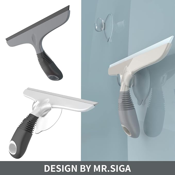 MR.SIGA Multi-Purpose Silicon Squeegee for Window, Glass, Shower Door, Car Windshield, Heavy Duty Window Scrubber, Includes Suction Hook, 10 inch, White & Black, 1 Pack