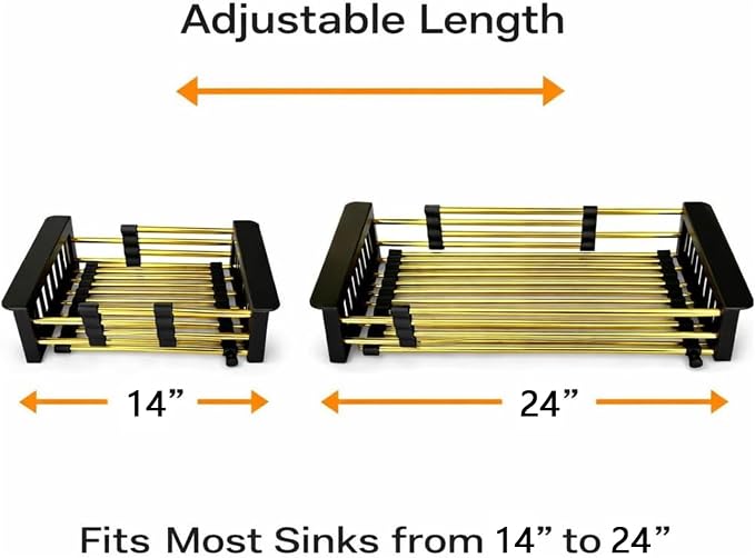 Gold Expandable Dish Drying Rack Over the Sink, Adjustable Stainless Steel Sink Drying Rack for Plates, Bowls & Utensils, Space-Saving Kitchen Counter Drainer (14-24 in)