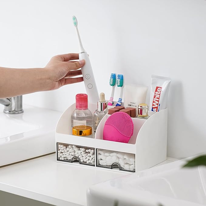 VITVITI Toothbrush Holders for Bathrooms Countertop, 5 Slots Toothpaste Bathroom Counter Sink Organizer with Drawers, Plastic Bathroom Organizer for Vanity/Makeup/Office White