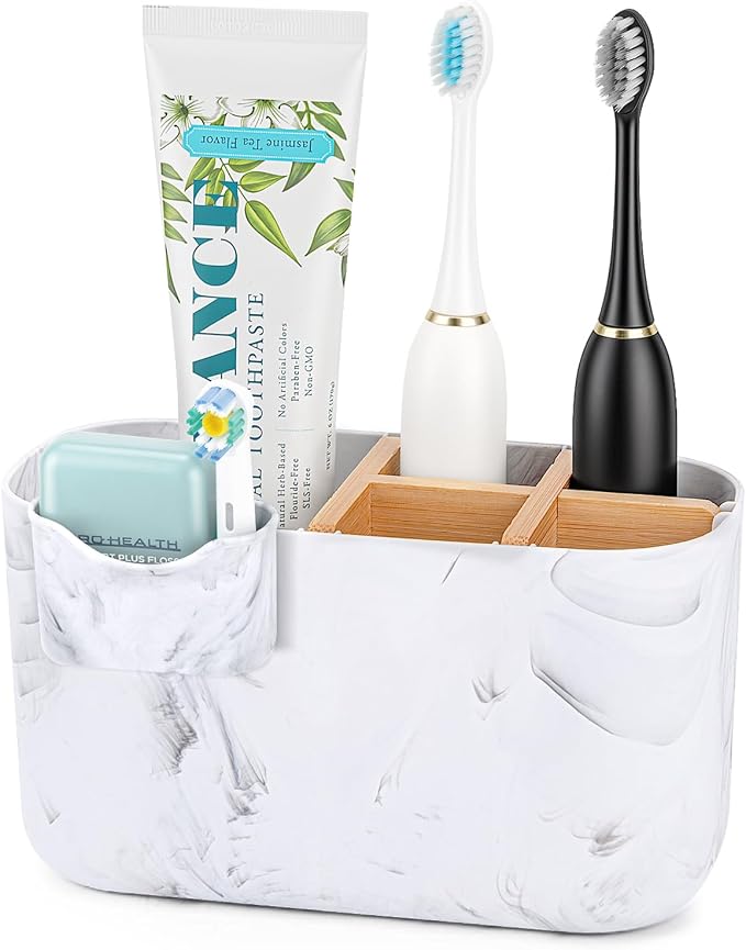 GFWARE Marble Toothbrush Holder, Bathroom Storage Organizer with Small Box | 5 Slots Marble Toothbrush Organizer for Bathroom Countertop Accessories Storage, Kids Electric Tooth Brush Holder