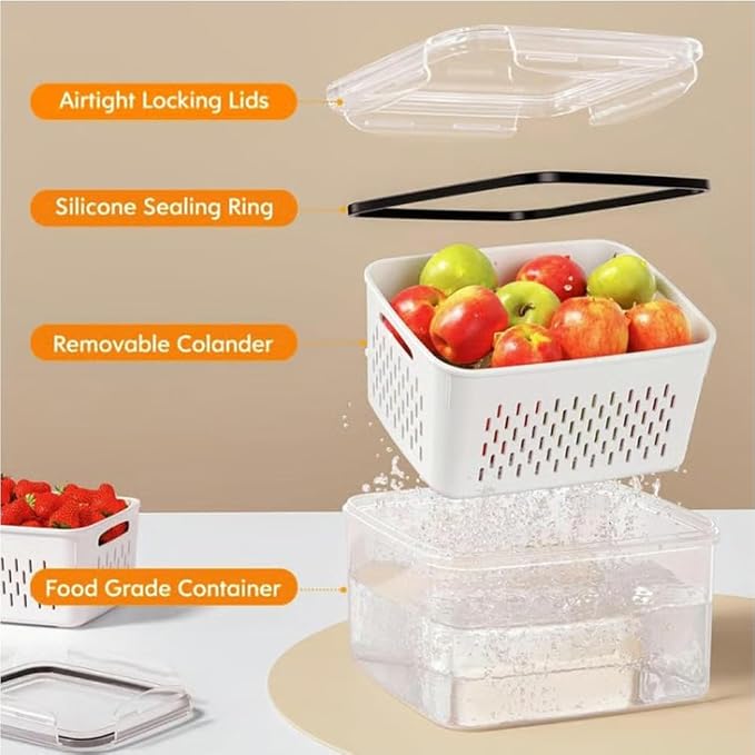 4 in 1 Food Storage Container, Fruit Storage Containers for Fridge, Produce Storage Containers with Lid and Strainer, Including Drain Basket, Multipurpose Large Fruit Containers for Fridge (S-White)