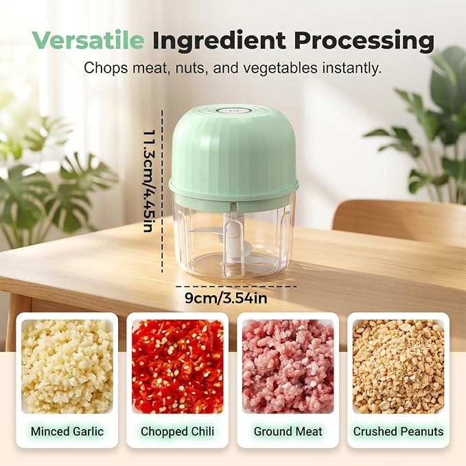 Household Electric Garlic Chopper, 260ml Portable Mini Food Processor with 6 Stainless Steel Blades, USB Rechargeable Small Veggie Cutter for Garlic, Onion, Ginger, Chili, Nuts & Meat (Light Green)